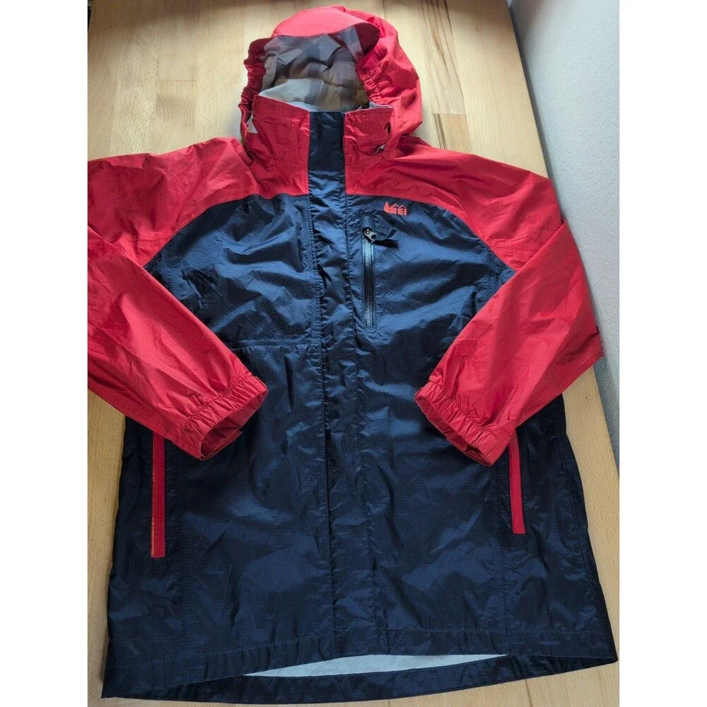 REI Jacket Boys Large 14-16 Red Blue Hooded Rain Seam Taped Waterproof Nylon